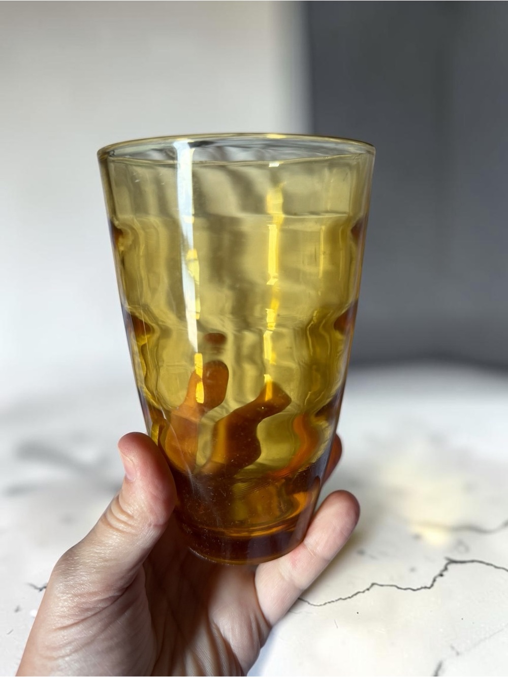 Vintage Amber Glass Tumblers Set of 6 Thumbprint Pattern MCM Drinking Glasses